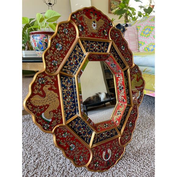 Peruvian Wall Mirror Octagonal Wood Frame Reverse Glass Painting birds flowers - Picture 6 of 16